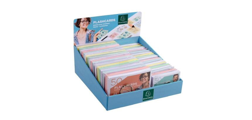 Prés. Comp. avec 38 paquets de 50 flashcards sous film + anneau - bristol ligné perforé - A6 et A7 - Couleurs assorties