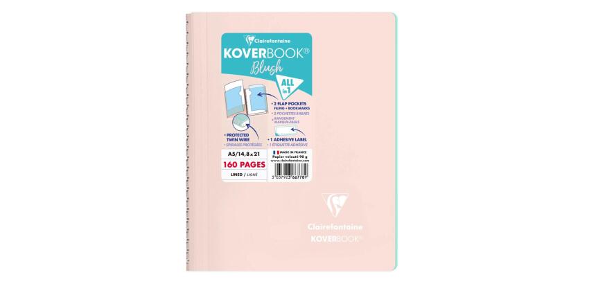 Cahier reliure intégrale enveloppante Koverbook Blush A5 160 pages ligné couverture polypropylène opaque bicolore - Rose poudré/Menthe à l'eau