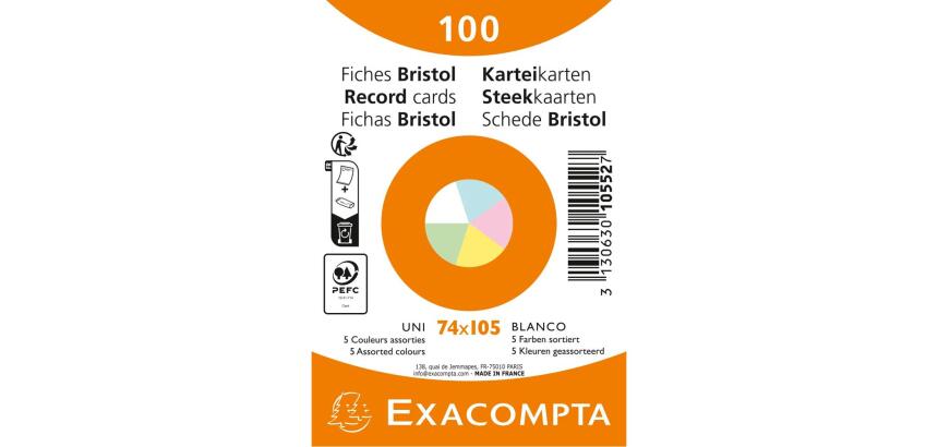 Paquete de 100 fichas retractiladas - UNI Bristol no perforada 74x105mm - Colores surtidos