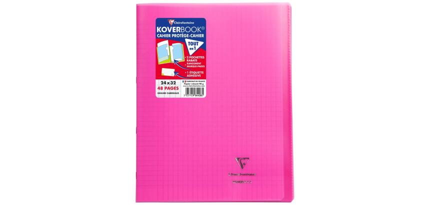 Cahier piqué Koverbook 24x32 cm 48 pages grands carreaux couverture polypropylène transparent - Rose