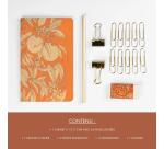 Jardin des Sens, Kit de papeterie contenant un carnet 11x17 cm 64 pages lignées, un crayon de papier, 2 pinces doubles-clip, 10 trombones et une gomme