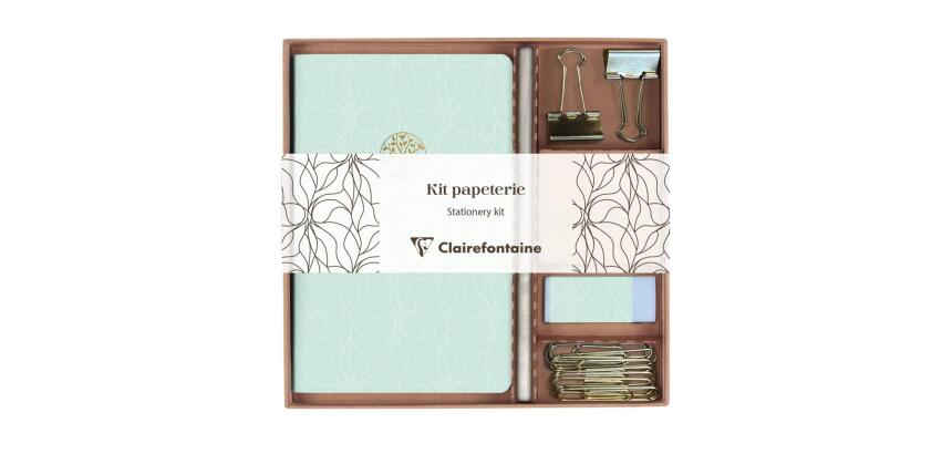 Inspire, Kit de papeterie contenant un carnet 11x17 cm 64 pages lignées, un crayon de papier, 2 pinces doubles-clip, 10 trombones et une gomme