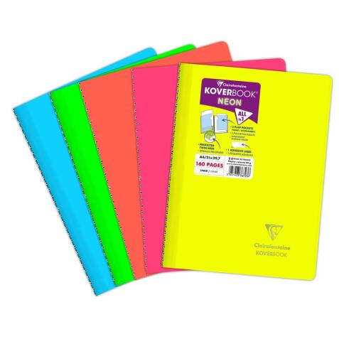 Cahier reliure intégrale enveloppante Koverbook Neon A4 160 pages ligné couverture polypropylène opaque - Assortis