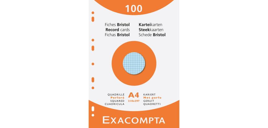 Étui de 100 fiches - bristol quadrillé 5x5 perforé 210x297mm - Couleurs assorties