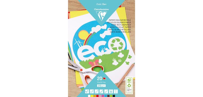 PAPIER COULEUR RECYCLÉ, Bloc de 20 feuilles 210g/m2 au format A4 (21x29 ,7cm), Assortiment - 10 couleurs - Assortiment