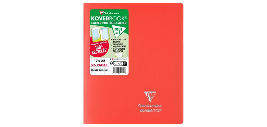 Cahier piqué Koverbook 17x22 cm 96 pages grands carreaux couverture polypropylène opaque 100% recyclé