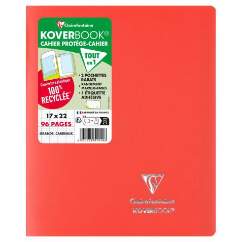 Cahier piqué Koverbook 17x22 cm 96 pages grands carreaux couverture polypropylène opaque 100% recyclé