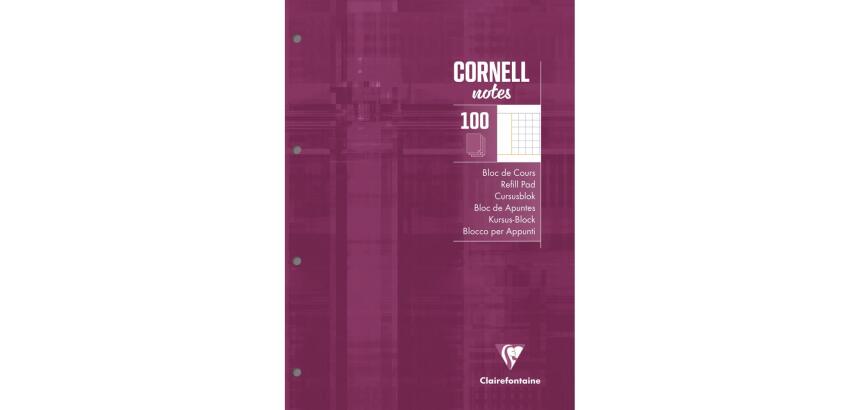Bloc de cours CORNELL encollé grand côté A4 200 pages perforées 4 trous Cornell petits carreaux - Prune