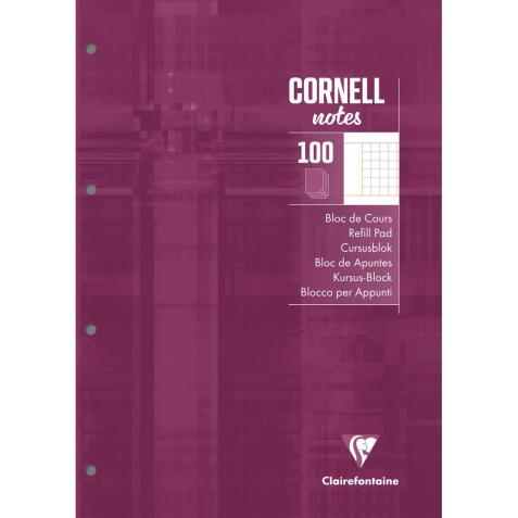 Bloc de cours CORNELL encollé grand côté A4 200 pages perforées 4 trous Cornell petits carreaux - Prune