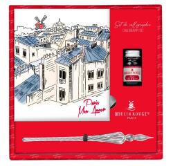 Moulin Rouge, Set de calligraphie 21x21 cm contenant une plume de verre, un flacon d'encre Moulin Rouge, un bloc de 52 feuilles
