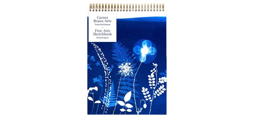 Cyanotype, Carnet Beaux Arts reliure intégrale en-tête A4 21x29,7 cm, 40 feuilles, papier dessin blanc multi-techniques 180g