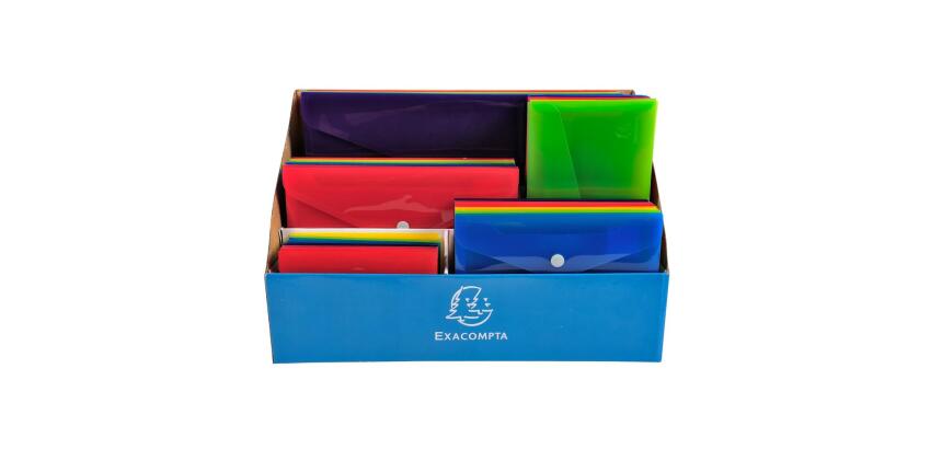 Expositor completo que contiene 60 bolsas con botón presión Iderma ® 12 bolsas para A4, 12 bolsas para A5, 12 bolsas para B7, 12 bolsas para DL, 12 bolsas para B6. A4 2/100e Polipopileno reciclado - Colores surtidos