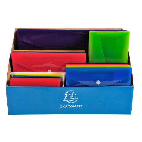 Expositor completo que contiene 60 bolsas con botón presión Iderma ® 12 bolsas para A4, 12 bolsas para A5, 12 bolsas para B7, 12 bolsas para DL, 12 bolsas para B6. A4 2/100e Polipopileno reciclado - Colores surtidos