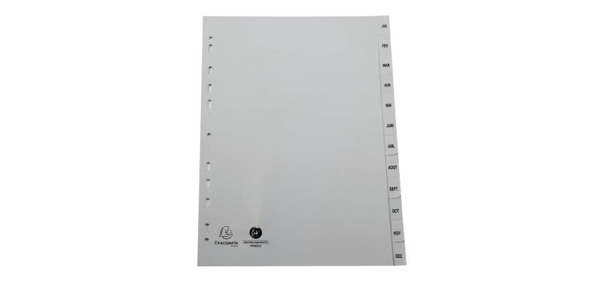 Intercalaires imprimés mensuels PP recyclé gris Janvier-Décembre - 12 positions - A4 - Gris