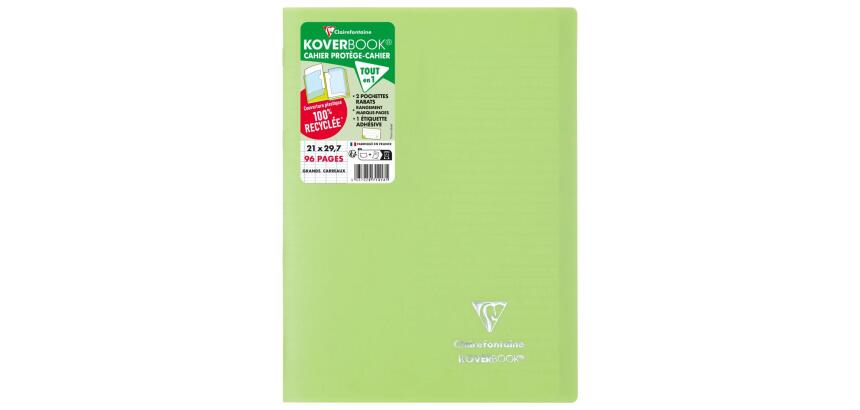Cahier piqué Koverbook A4 96 pages grands carreaux couverture polypropylène opaque 100% recyclé
