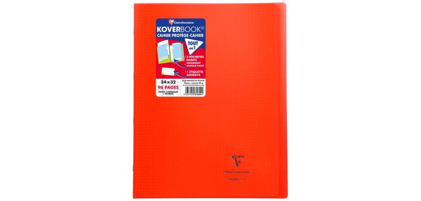 Cahier piqué Koverbook 24x32cm 96 pages petits carreaux + marge couverture polypropylène transparent - Rouge