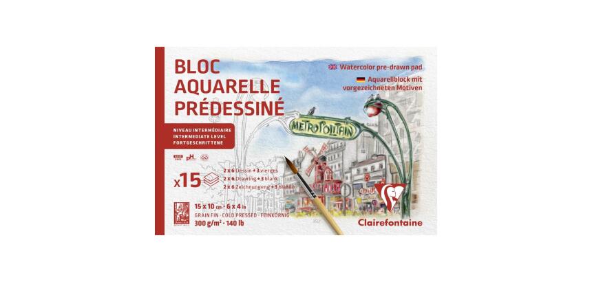 Aquarelle Prédessiné Paris bloc collé 15F 10x15cm 300g