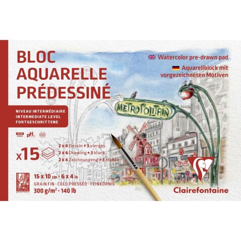 Aquarelle Prédessiné Paris bloc collé 15F 10x15cm 300g