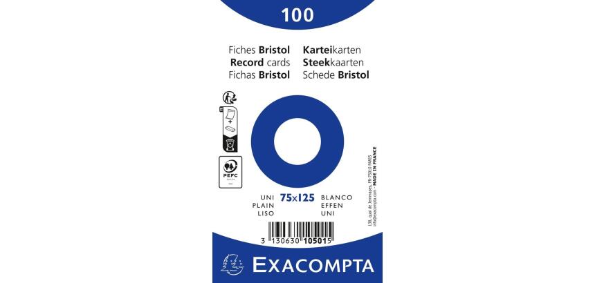 Paquet 100 fiches sous film - bristol uni non perforé - 75x125mm - Blanc