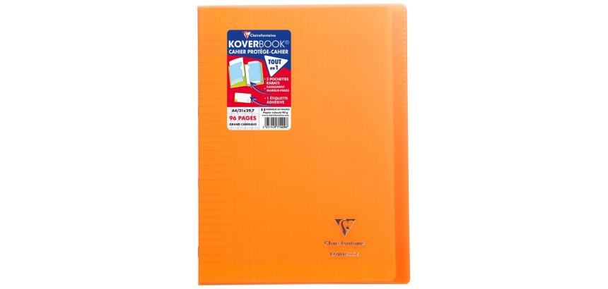Cahier piqué Koverbook A4 96 pages grands carreaux couverture polypropylène transparent