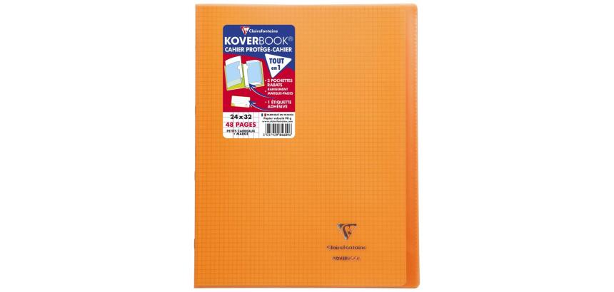 Cahier piqué Koverbook 24x32 cm 48 pages petits carreaux + marge couverture polypropylène transparent - Orange