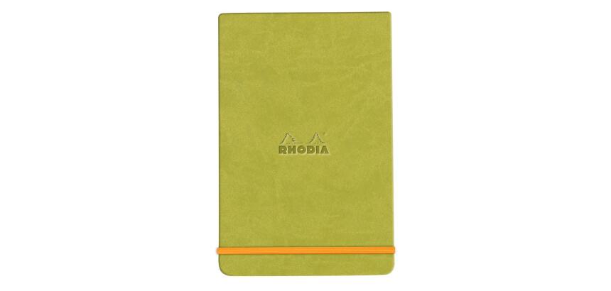 Rhodiarama Webnotepad met harde omslag, 9x14 cm, 96 blad, gelijnd en microgeperforeerd papier van 90g in ivoorkleur, sluiting met elastiek - Anijsgroen
