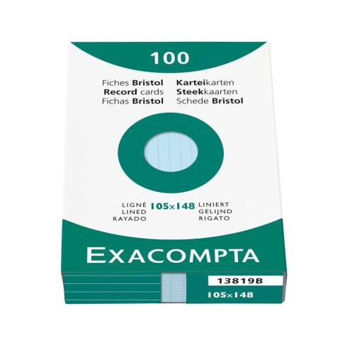 Estuche Exacompta de 100 fichas Exacompta cartulina Bristol - rayado horizontal sin taladro 105x148mm - Azul