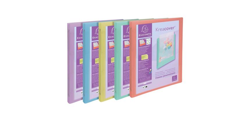 Classeur 4 anneaux 15mm polypropylène Kreacover Pastel - A4 - Couleurs assorties