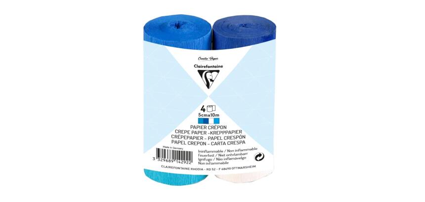 PAPIER CREPON IGNIFUGE, 4 bandes au format 5cmx10m - Assortiment bleu