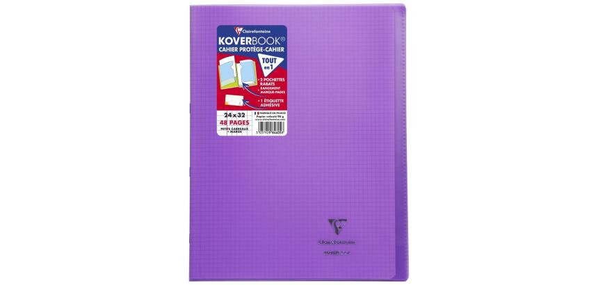 Cahier piqué Koverbook 24x32 cm 48 pages petits carreaux + marge couverture polypropylène transparent - Violet