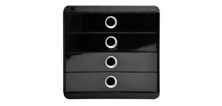 Módulo individual POP-BOX con 4 cajones para documentos A4+, ultra-rígido, cajones cerrados, con stop de seguridad - 347x278x267 mm - GLOSSY - Negro/plata