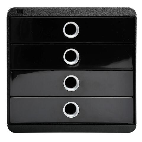 Módulo individual POP-BOX con 4 cajones para documentos A4+, ultra-rígido, cajones cerrados, con stop de seguridad - 347x278x267 mm - GLOSSY - Negro/plata