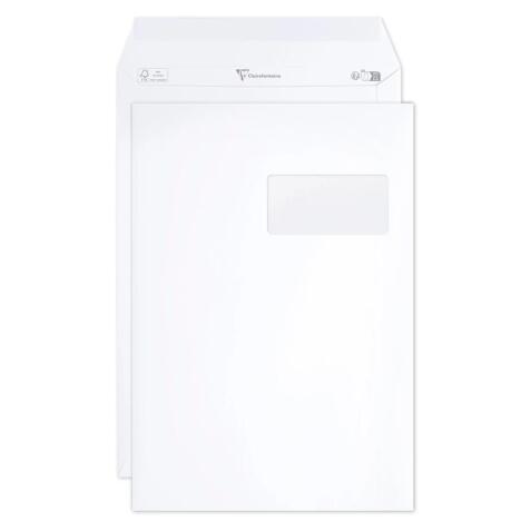 Boite de 250 Pochettes Blanches C4-229x324 mm - Auto-Adhésives -120g/m2- Fenêtre Papier Cristal 50x100 (position 50/20) - Blanc