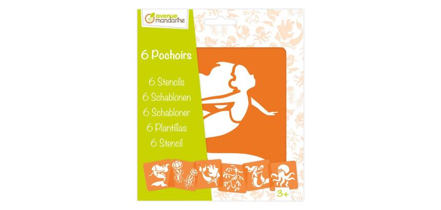 Set de 6 pochoirs enfants, Sirènes et créatures marines - Orange
