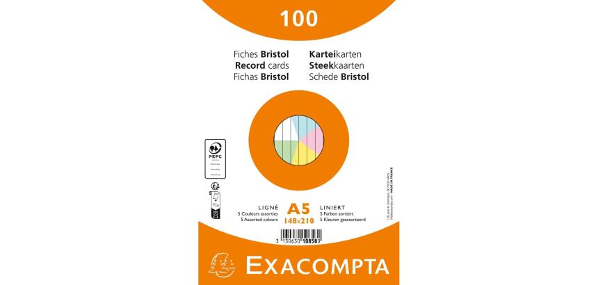 Paquet de 100 fiches sous film - Bristol ligné non perforé 148x210mm - Couleurs assorties