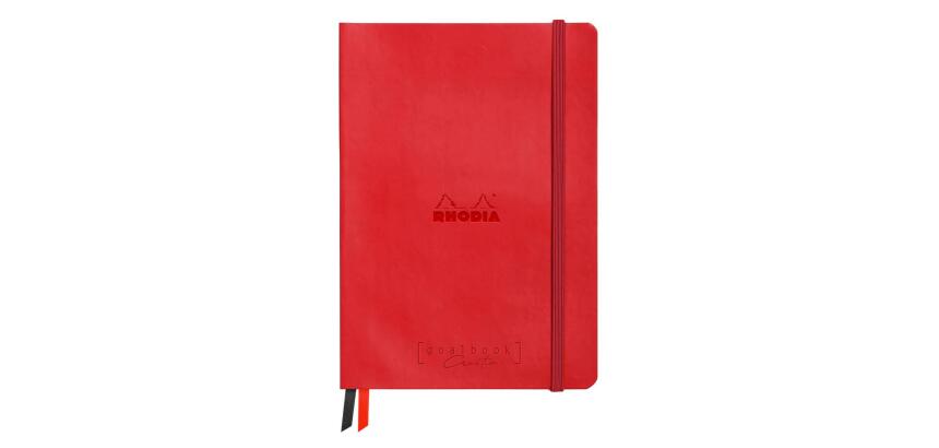 Rhodiarama Goalbook Creation A5 met hardcover, 80 blad glad zwart gestippeld Maya papier van 120g, sluiting met elastiek - Klaproosrood