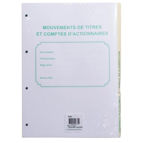 Recharge numérotée/perforée 58 feuillets unis blanc, épaisseur du papier 90g, avec gardes titrées pour classeurs Mouvements de titres, liste des actionnaires - Format A4 - Autre