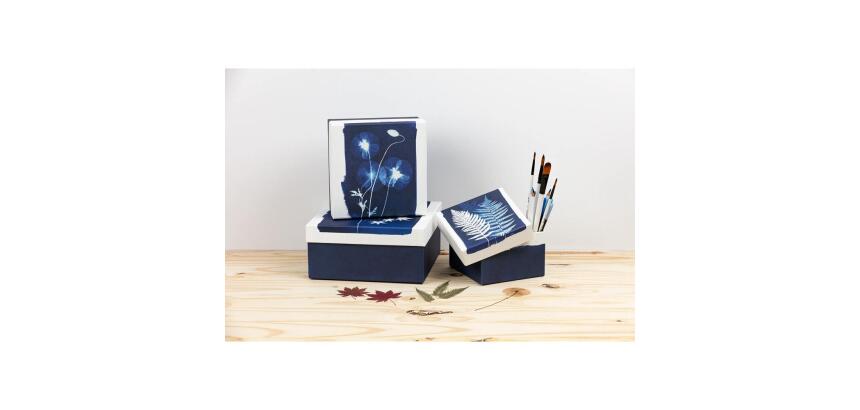 Cyanotype, Set de 3 boîtes gigognes carrées 25x25x12 cm, 20x20x11cm, et 16x16x10 cm