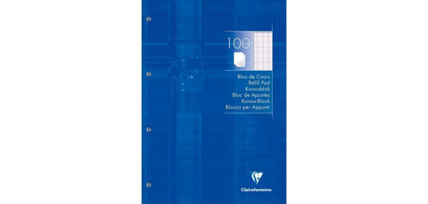 Bloc de cours encollé grand côté A4 200 pages détachables perforées 4 trous grands carreaux - Bleu
