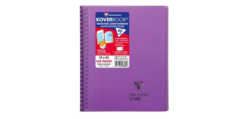 Cahier reliure intégrale enveloppante Koverbook 17x22cm 160 pages ligné + marge couverture polypropylène transparent - Violet