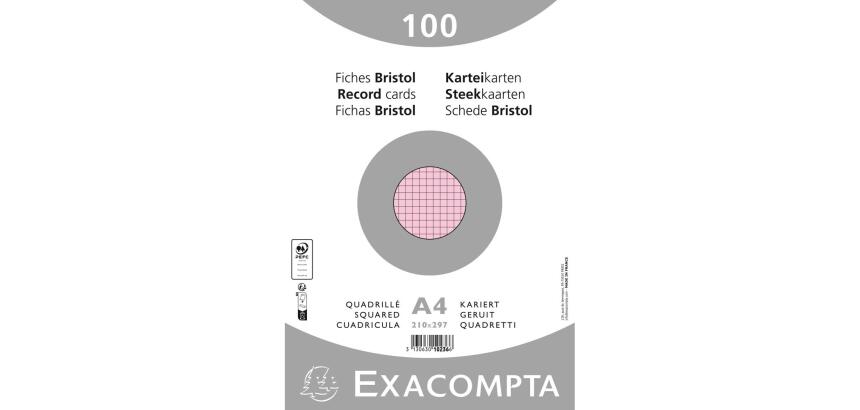 Paquet 100 fiches sous film - bristol quadrillé 5x5 non perforé 210x297mm - Rose