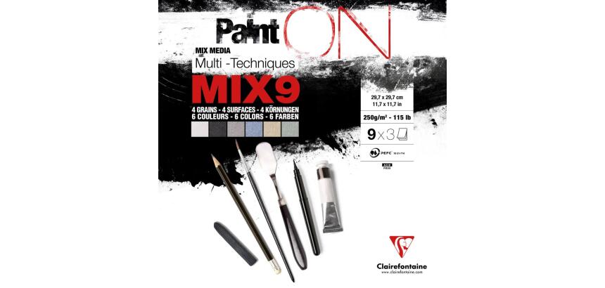PaintON Mix 9 bloc collé 27F 29,7x29,7cm 250g assorti 9x3F