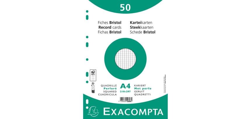 Paquet 50 fiches sous film - bristol quadrillé 5x5 perforé 210x297mm - Blanc