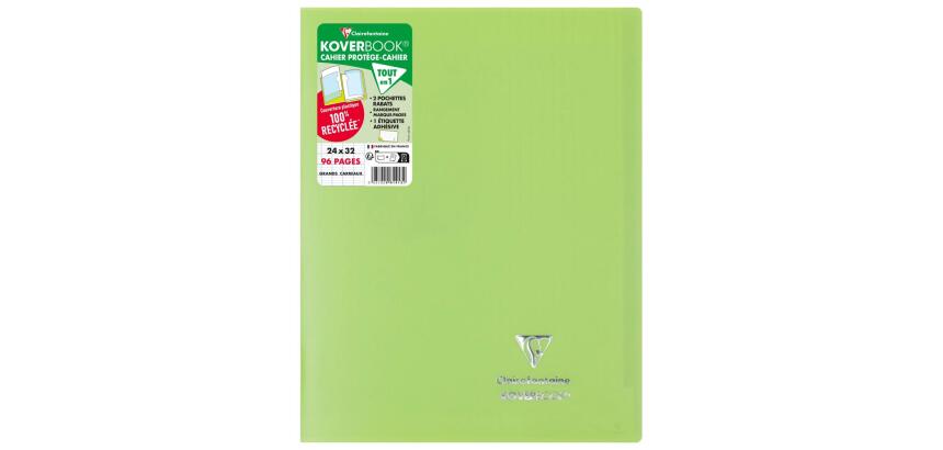 Cahier piqué Koverbook 24x32 cm 96 pages grands carreaux couverture polypropylène opaque 100% recyclé