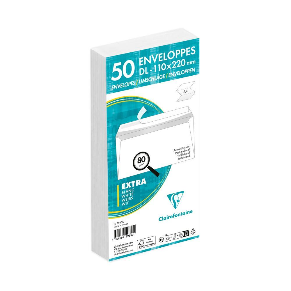 Paquet De 50 Enveloppes Blanches Clairefontaine DL 110x220 Mm - Auto-adhésives Avec Cases
