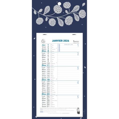 Calendrier mensuel avec feuillets détachables 13 x 23 cm sur carte illustrée Végétal 16 x 33 cm 2026 - Bleu