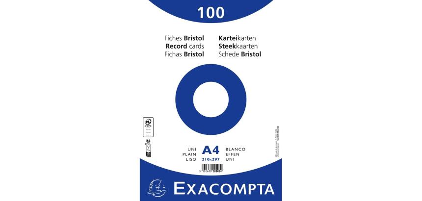 Paquete 100 fichas Exacompta cartulina Bristol retractil - liso sin taladro A4 - Blanco