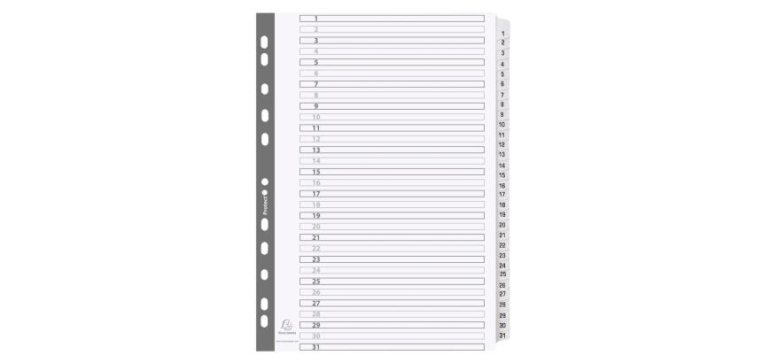 Intercalaires imprimés à touches plastifiées - 31 touches 1 à 31 - A4 - Blanc