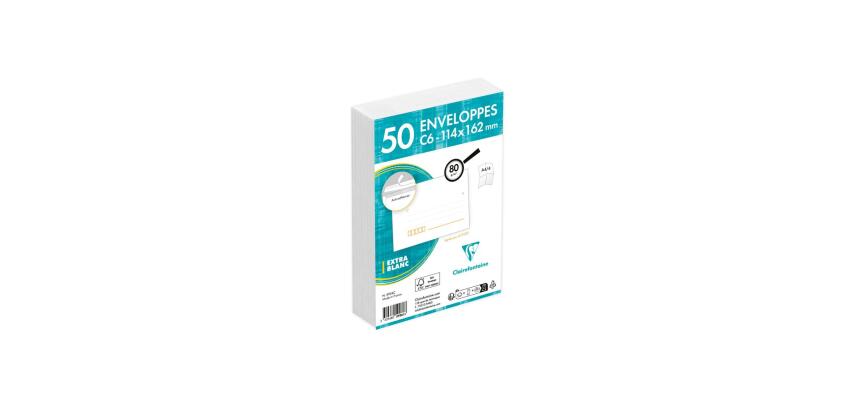 Paquet de 50 Enveloppes Blanches C6-114x162 mm - Précasées - Auto-Adhésives - 80g/m2 - Blanc