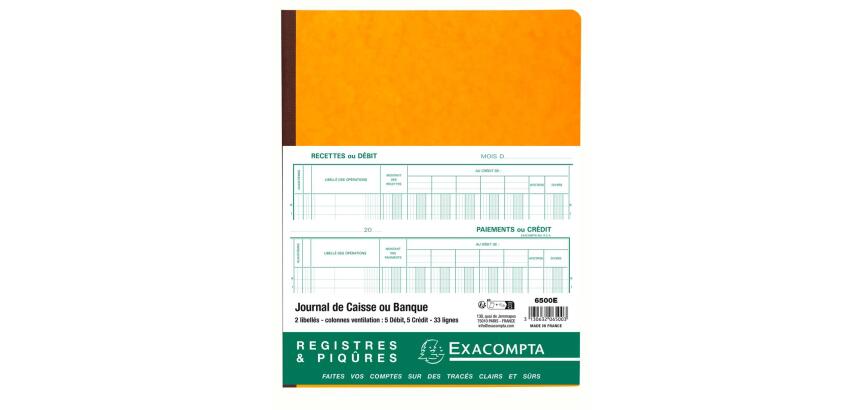 Piqûre 32x25cm Journal de caisse ou banque 5 débit - 5 crédit 33 lignes 80 pages - Couleurs assorties